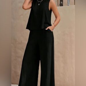 Passion Casual Two-Piece Set, Crew Neck Tank Top & Wide Leg Pants Outfits